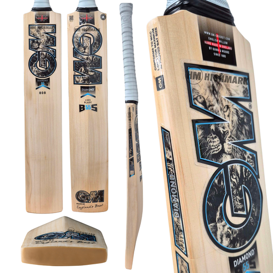 Multiple views of a GM Diamond 808 cricket bat on a plain white background, showing the full bat from multiple angles and close-ups of the printed wood graphics and branding.