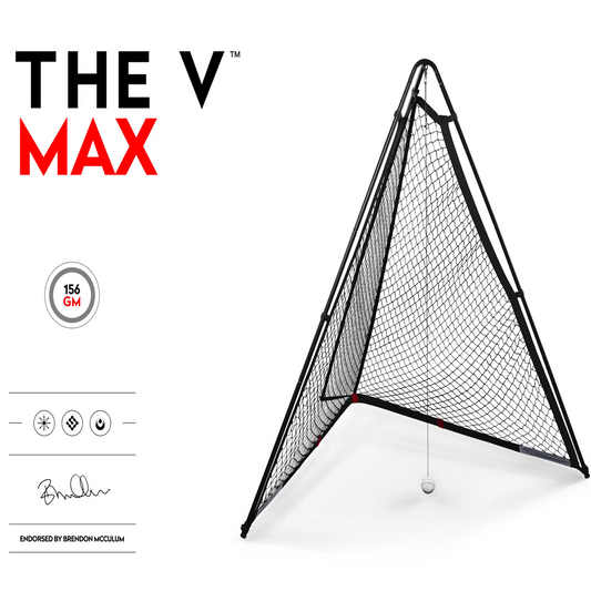 The V Max Cricket Training Net full setup showing large steel frame and white ball.