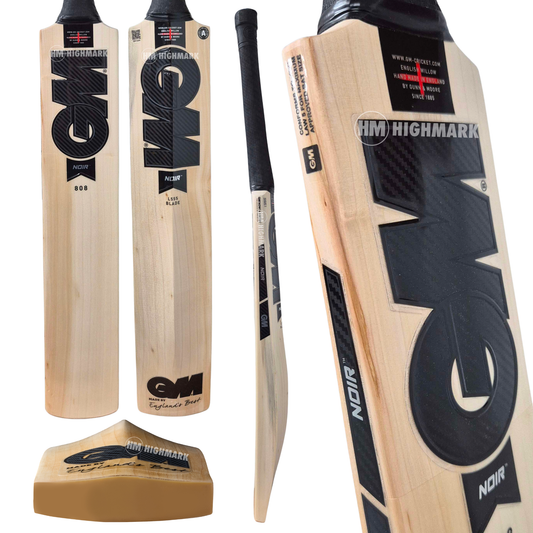 GM 808 England bat shown from multiple angles on a white background, including full length, side view, back view, and a small branded display stand.