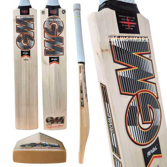 Five views of a GM Rival 404 cricket bat on a plain white background, showing the blade from front, back, side, and end, along with the handle and a small matching bat end cap.