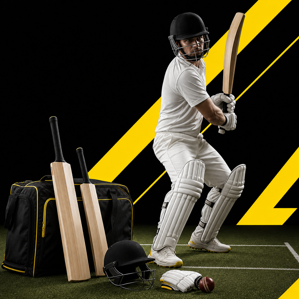 Club cricketer in batting stance with several cricket bats of different sizes nearby