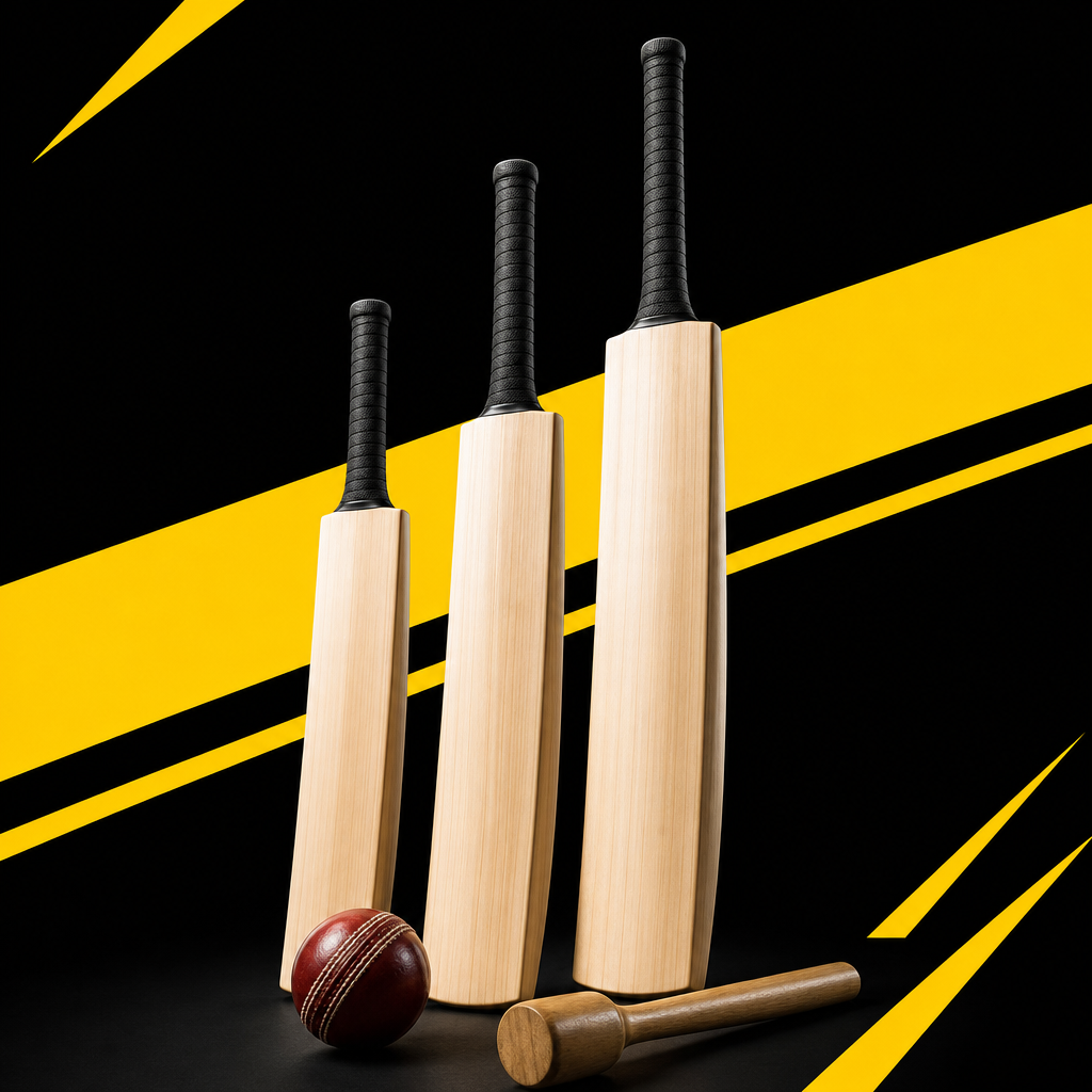 Three cricket bats of increasing size beside a cricket ball and knocking-in mallet