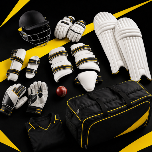 Cricket helmet, gloves, pads, guards, ball, kit bag and team shirt arranged in groups on a flat surface