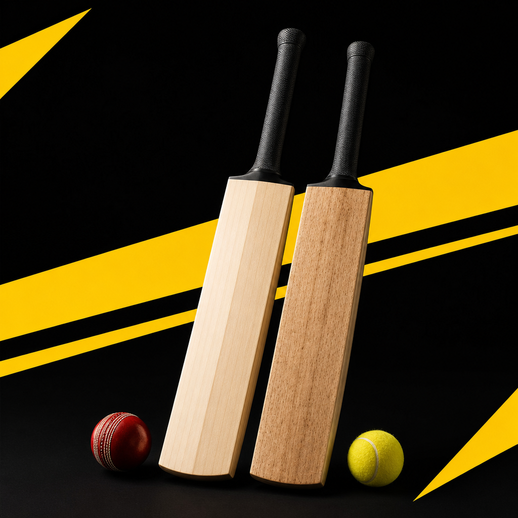 English willow and Kashmir willow cricket bats beside a leather ball and a tennis ball