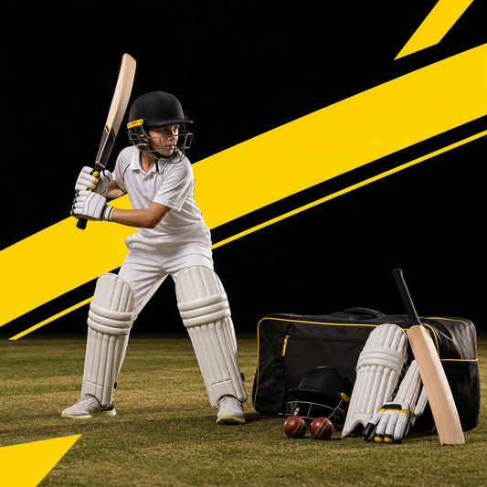 Junior cricketer in helmet, pads and gloves holding a bat on an Australian club ground