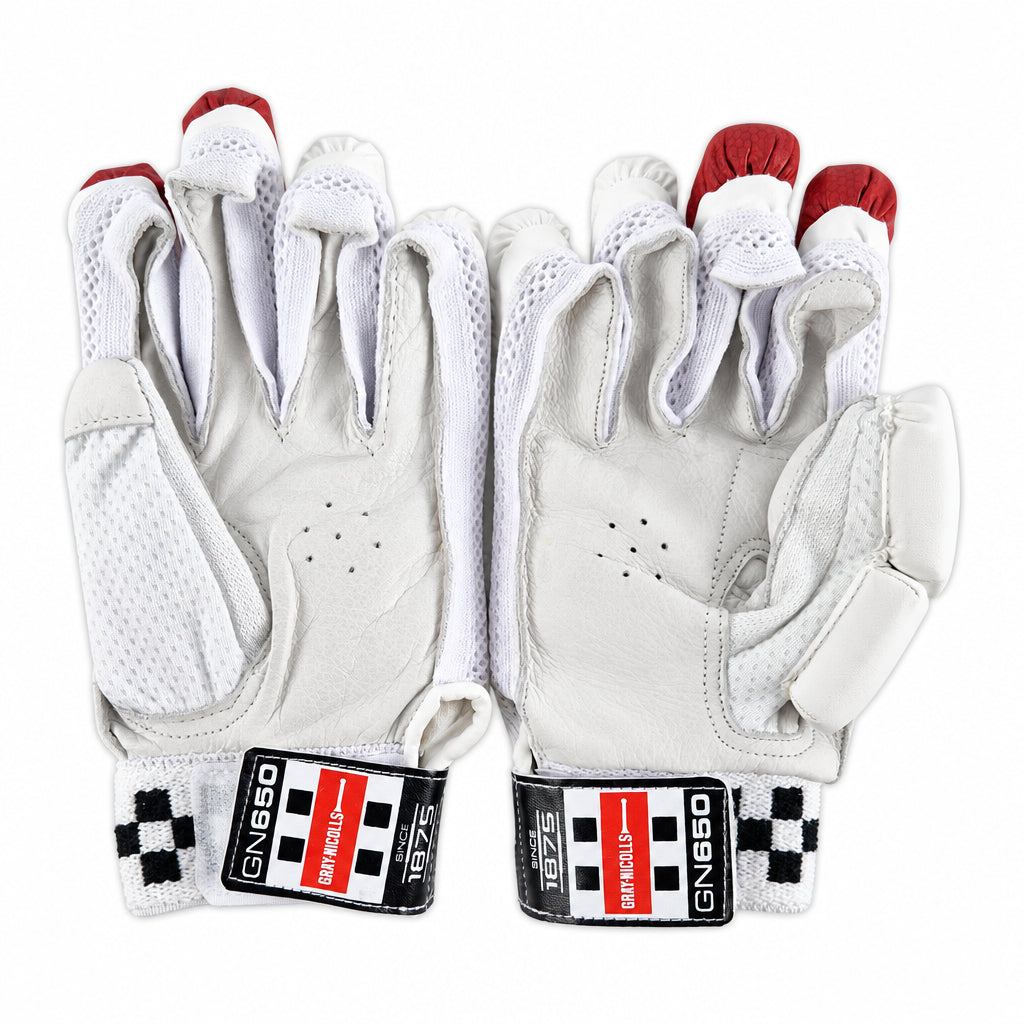 A pair of white leather and mesh cricket gloves with red finger tips and black-and-white checkered wrist bands, displayed side-by-side on a light gray background.