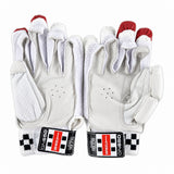 A pair of white leather and mesh cricket gloves with red finger tips and black-and-white checkered wrist bands, displayed side-by-side on a light gray background.