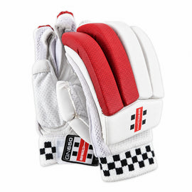 A pair of white and red cricket gloves with black and white checkered wristbands, displayed on a neutral gray background.