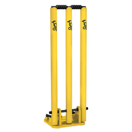 Kookaburra Spring Back Metal Stumps with heavy-duty spring base and two bails in bright yellow.