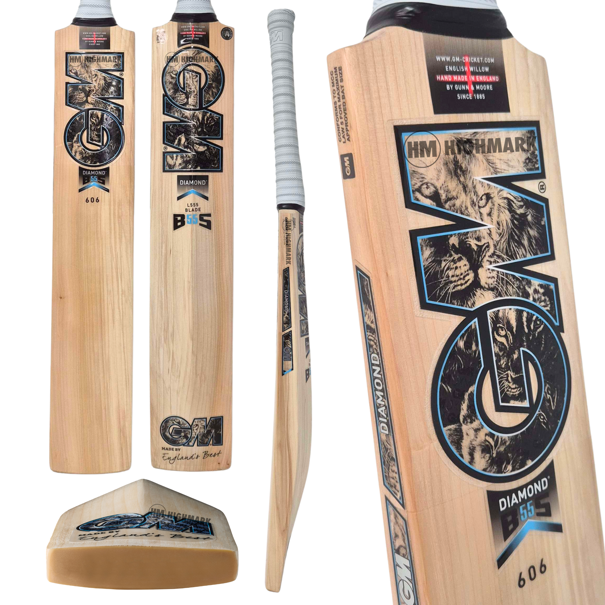 A composite product image showing multiple views of a wooden cricket bat, including full length, side profile, back view, and a close-up of the blade. The bat has a light natural wood finish with black, blue, and brown printed graphics.