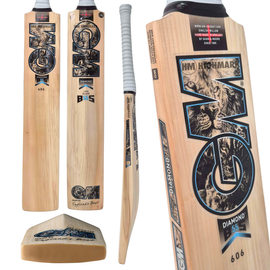 A composite product image showing multiple views of a wooden cricket bat, including full length, side profile, back view, and a close-up of the blade. The bat has a light natural wood finish with black, blue, and brown printed graphics.