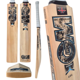 A composite product image showing multiple views of a wooden cricket bat, including full length, side profile, back view, and a close-up of the blade. The bat has a light natural wood finish with black, blue, and brown printed graphics.
