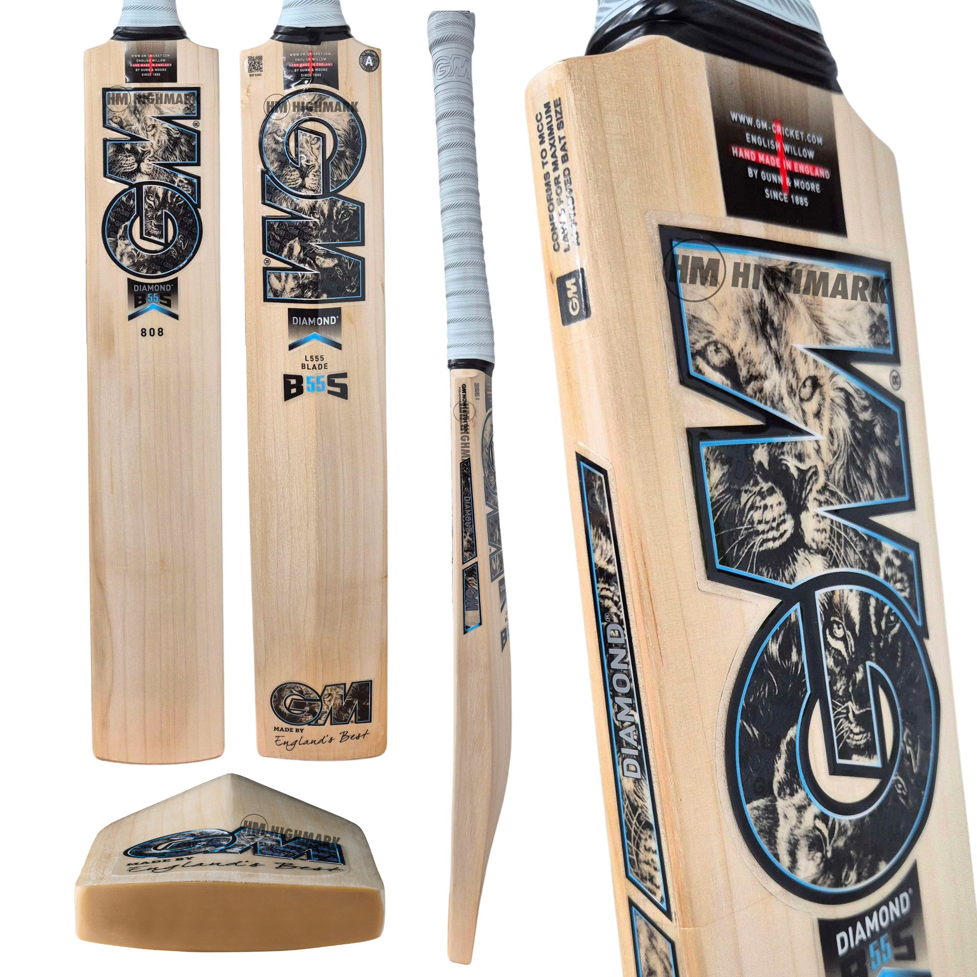 Multiple views of a GM Diamond 808 cricket bat on a plain white background, showing the full bat from multiple angles and close-ups of the printed wood graphics and branding.