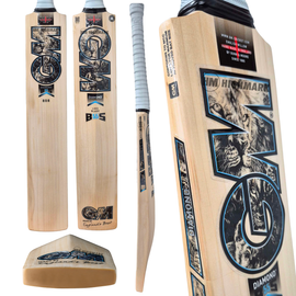 Multiple views of a GM Diamond 808 cricket bat on a plain white background, showing the full bat from multiple angles and close-ups of the printed wood graphics and branding.