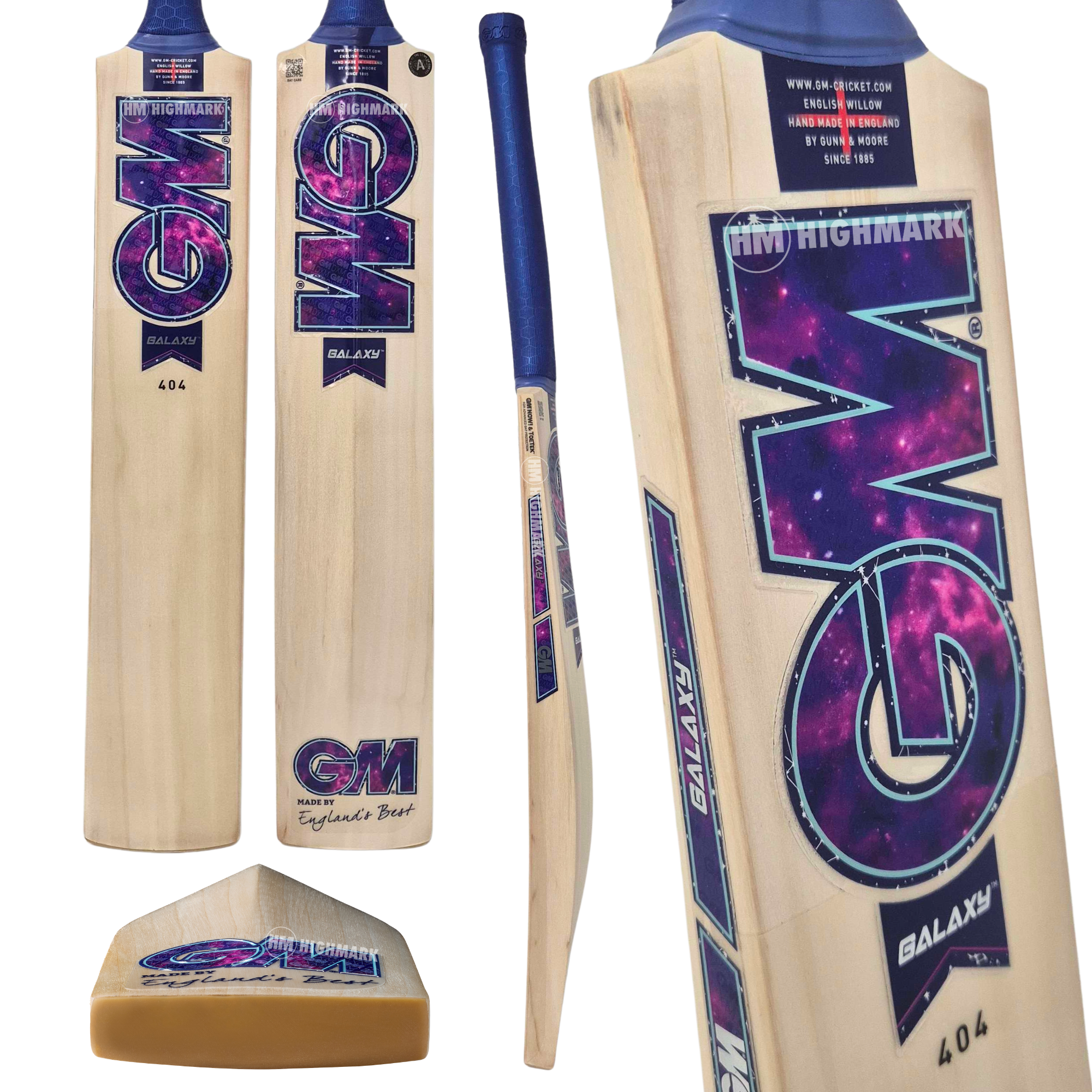 A set of cricket bats and a matching paddle shown from multiple angles on a plain white background. The bats have a light natural wood body with dark blue handles and large purple galaxy-style GM branding, and the paddle has a similar GM logo design.