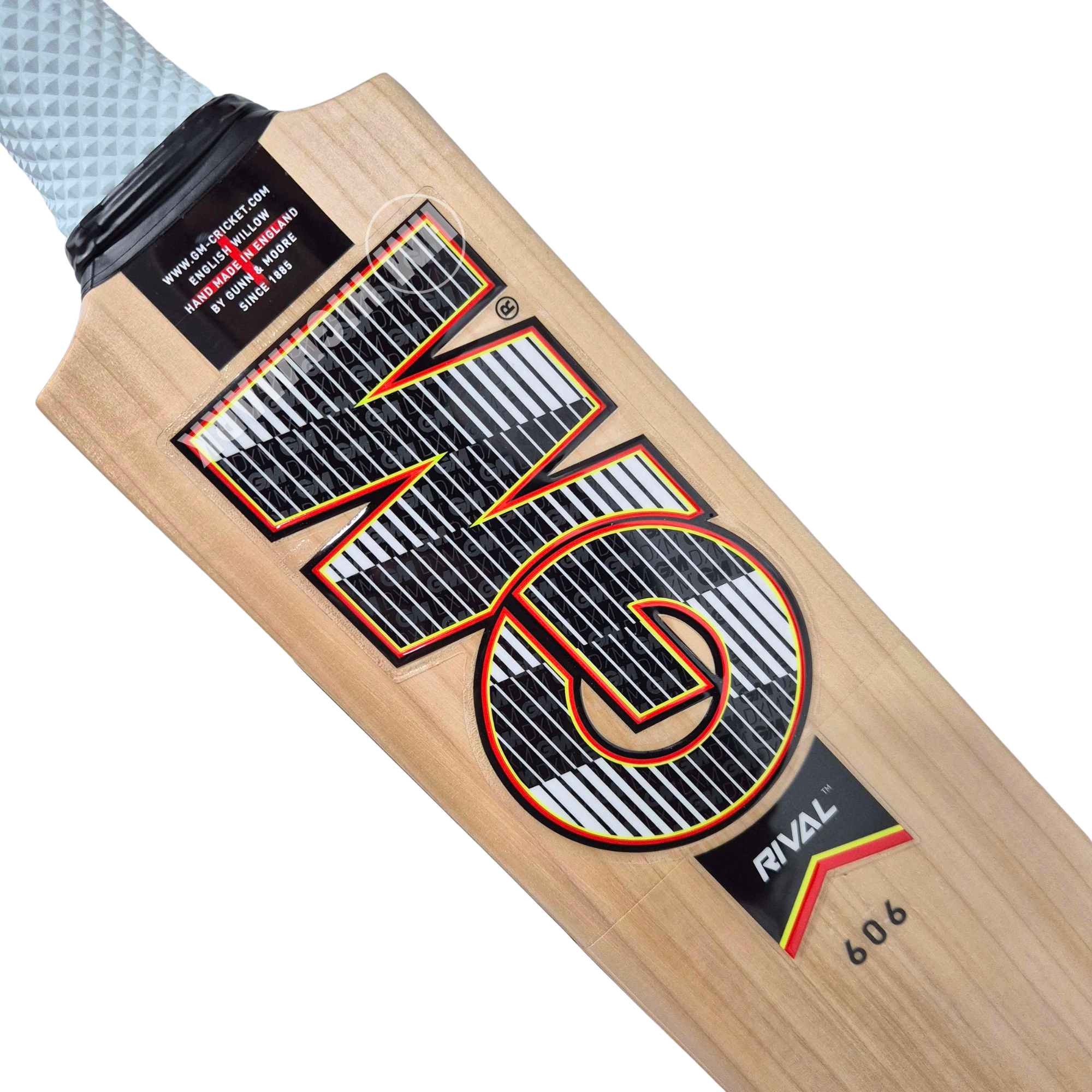 Close-up of a wooden cricket bat showing the natural wood blade, a large stylized 'GM' logo with black, white, and orange graphics, a Rival brand patch, and part of the wrapped handle on a white background.