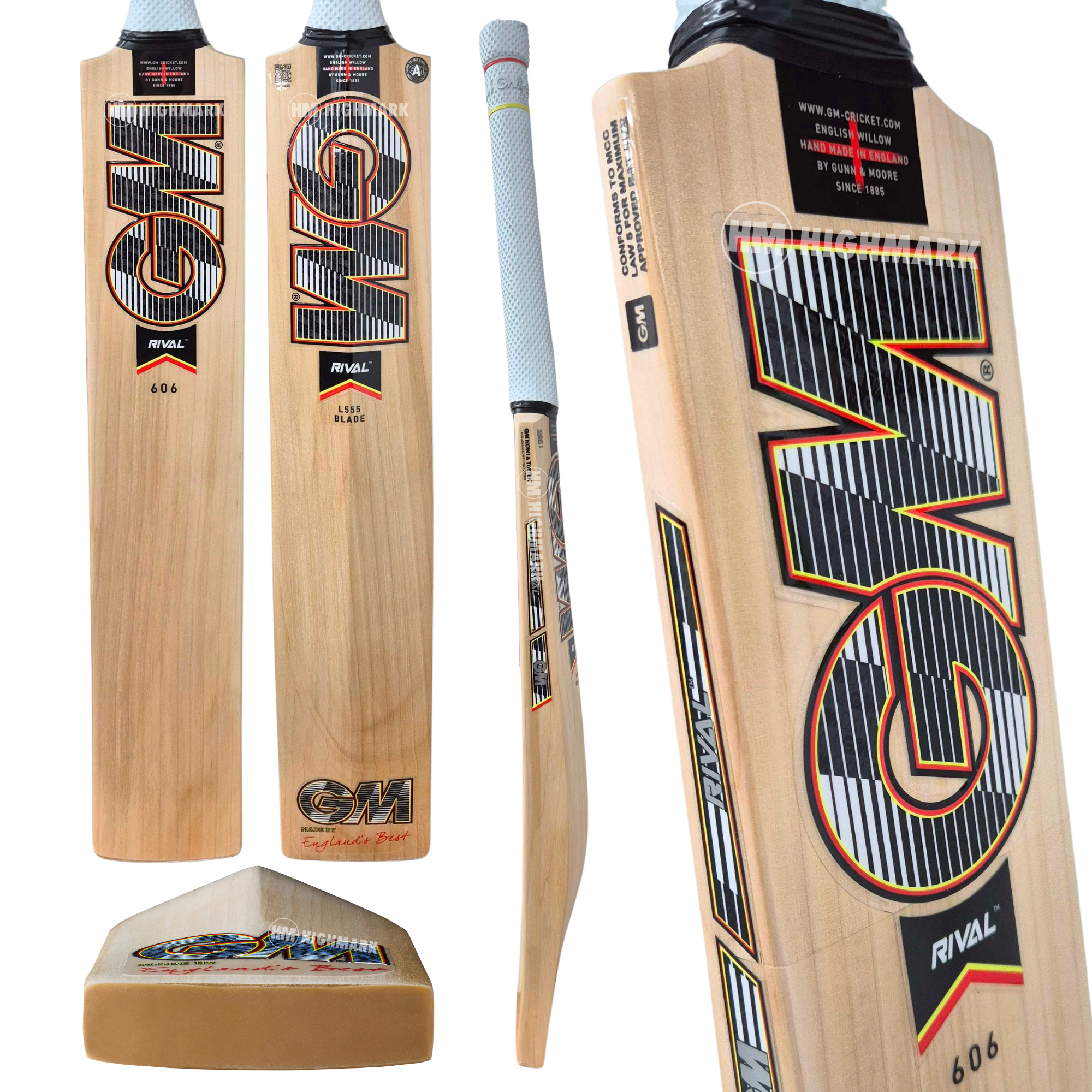 A GM Cricket Rival 606 bat shown in multiple views on a plain white background, including full front/back views, a side profile, and a close-up of the blade graphics.