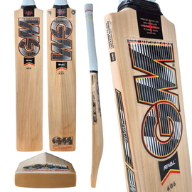 A GM Cricket Rival 606 bat shown in multiple views on a plain white background, including full front/back views, a side profile, and a close-up of the blade graphics.