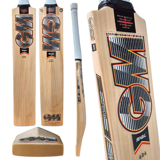 A GM Cricket Rival 606 bat shown in multiple views on a plain white background, including full front/back views, a side profile, and a close-up of the blade graphics.