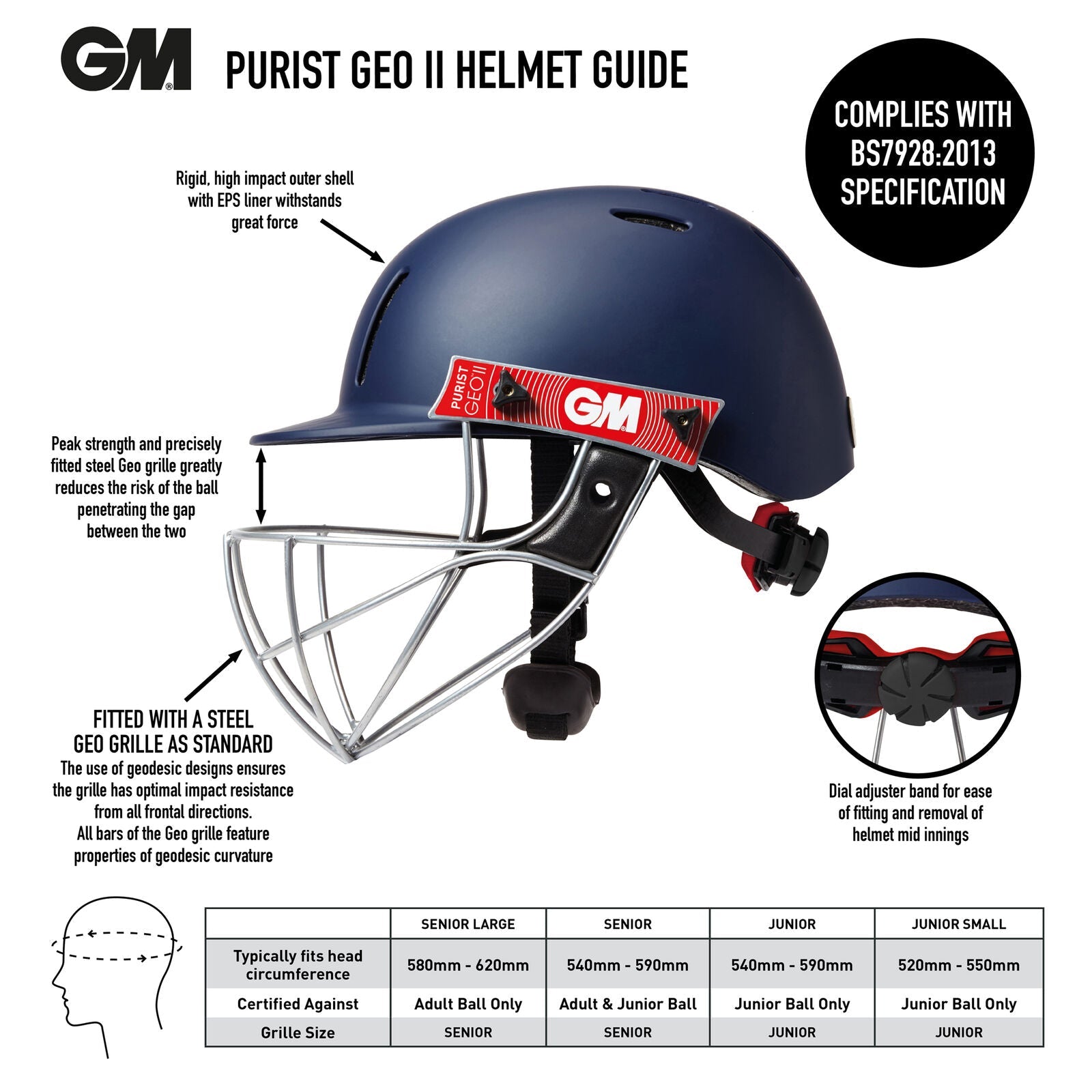 Gunn & Moore GM Purist Geo II Steel Cricket Helmet (With Adjuster) Nav