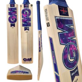 Multiple views of a GM Galaxy 909 bat on a white background, showing the front, back, edge, and toe piece with printed branding and a purple galaxy graphic.