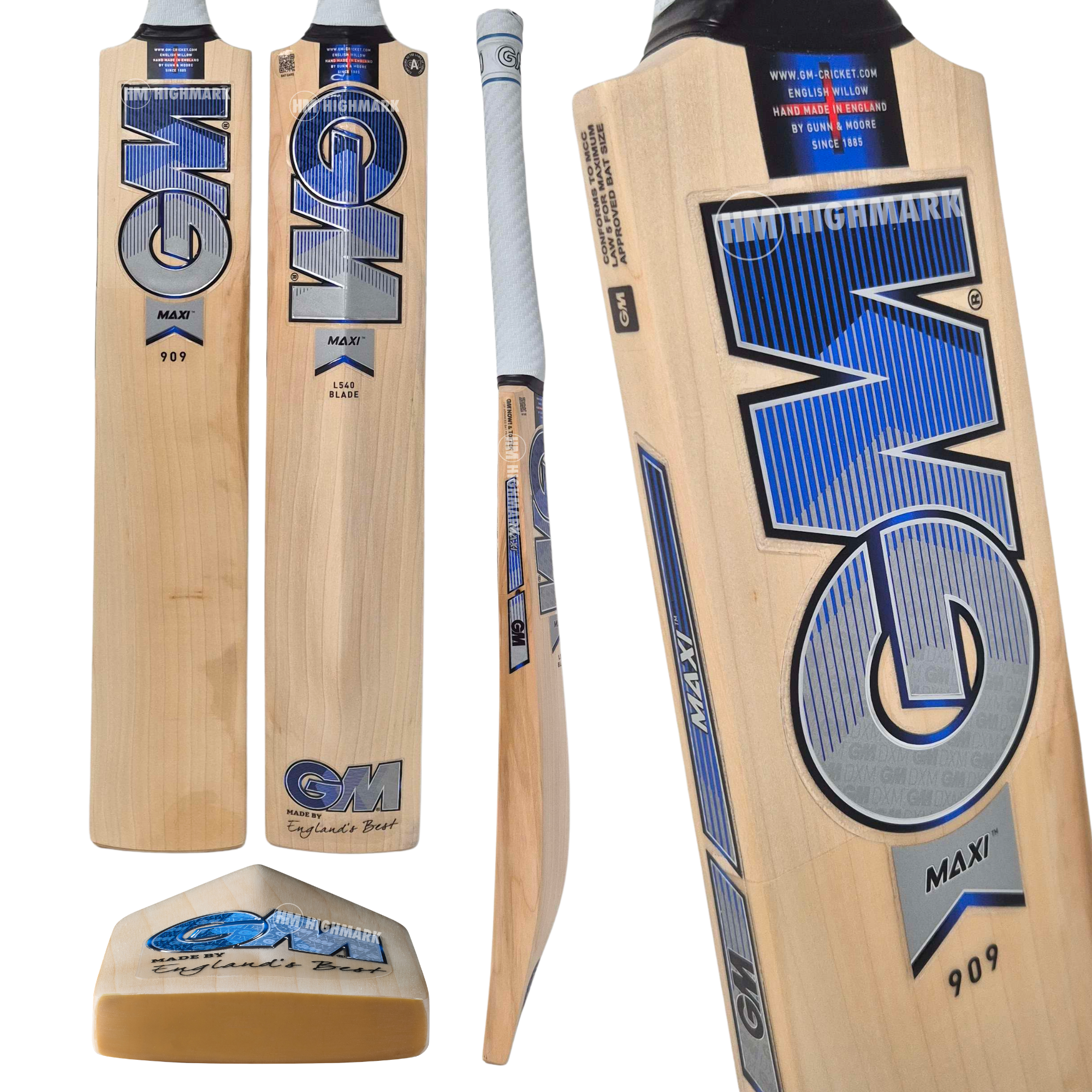 A GM Maxxi 909 cricket bat shown from multiple angles on a white background, including front, back, side, and close-up views. The bat has a natural wood finish with large blue, gray, and black GM branding and a white handle wrap.