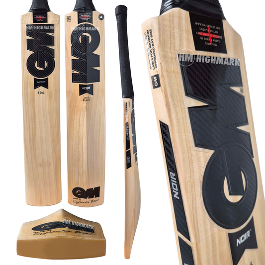 GM Noir 606 shown from multiple angles on a clean white background. The bats feature a natural light wood grain body with prominent black and dark gray carbon-fiber patterned graphics, including the 'GM' logo and 'NOIR' text.