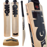 GM 808 England bat shown from multiple angles on a white background, including full length, side view, back view, and a small branded display stand.