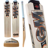 Five views of a GM Rival 404 cricket bat on a plain white background, showing the blade from front, back, side, and end, along with the handle and a small matching bat end cap.