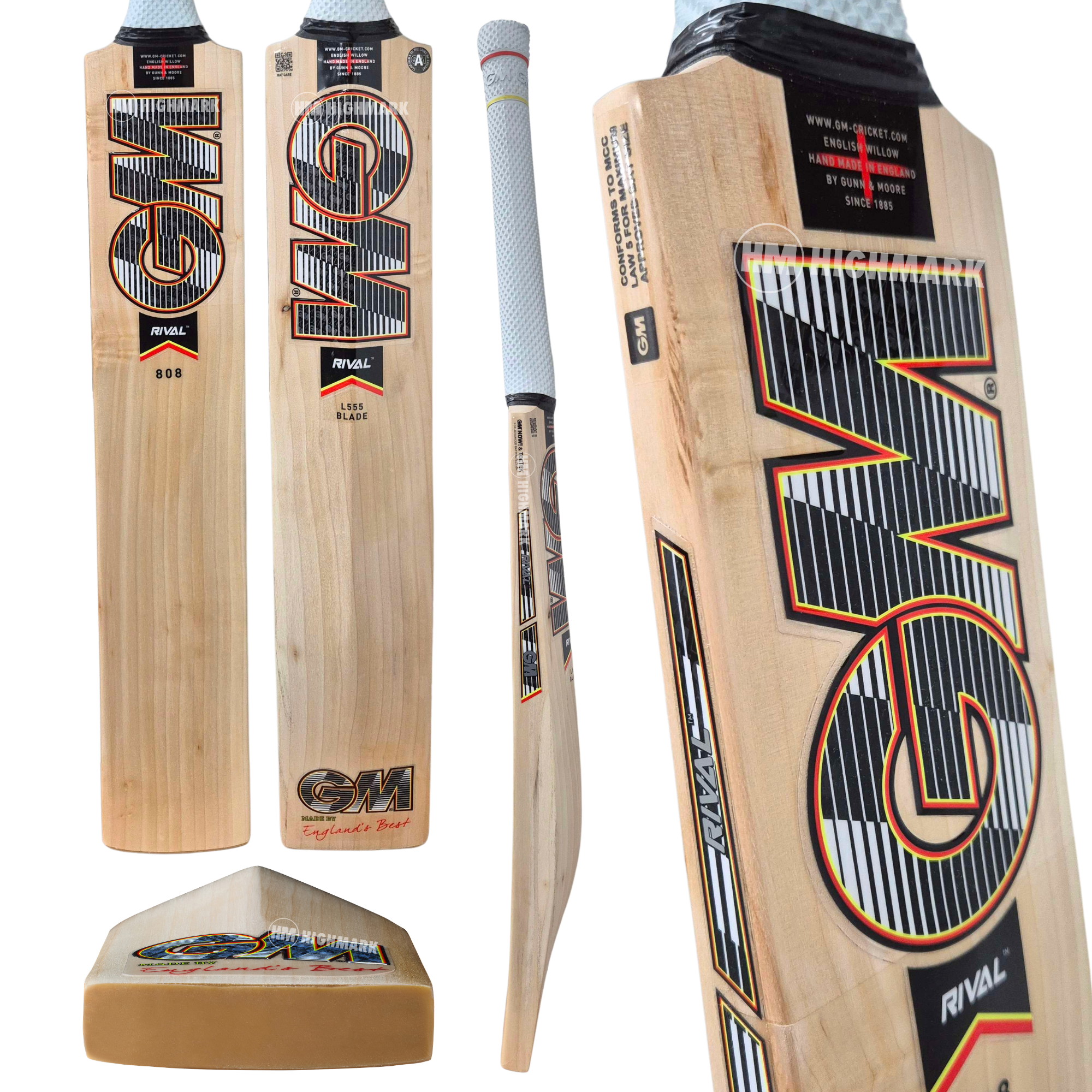 A composite product shot of a GM Rival 909 cricket bat shown from multiple angles on a plain white background, including the full bat, close-up of the blade, back, and end. The bat is light natural wood with large black, white, and orange 'GM' graphics and a black 'RIVAL' label.
