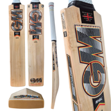 A composite product shot of a GM Rival 909 cricket bat shown from multiple angles on a plain white background, including the full bat, close-up of the blade, back, and end. The bat is light natural wood with large black, white, and orange 'GM' graphics and a black 'RIVAL' label.