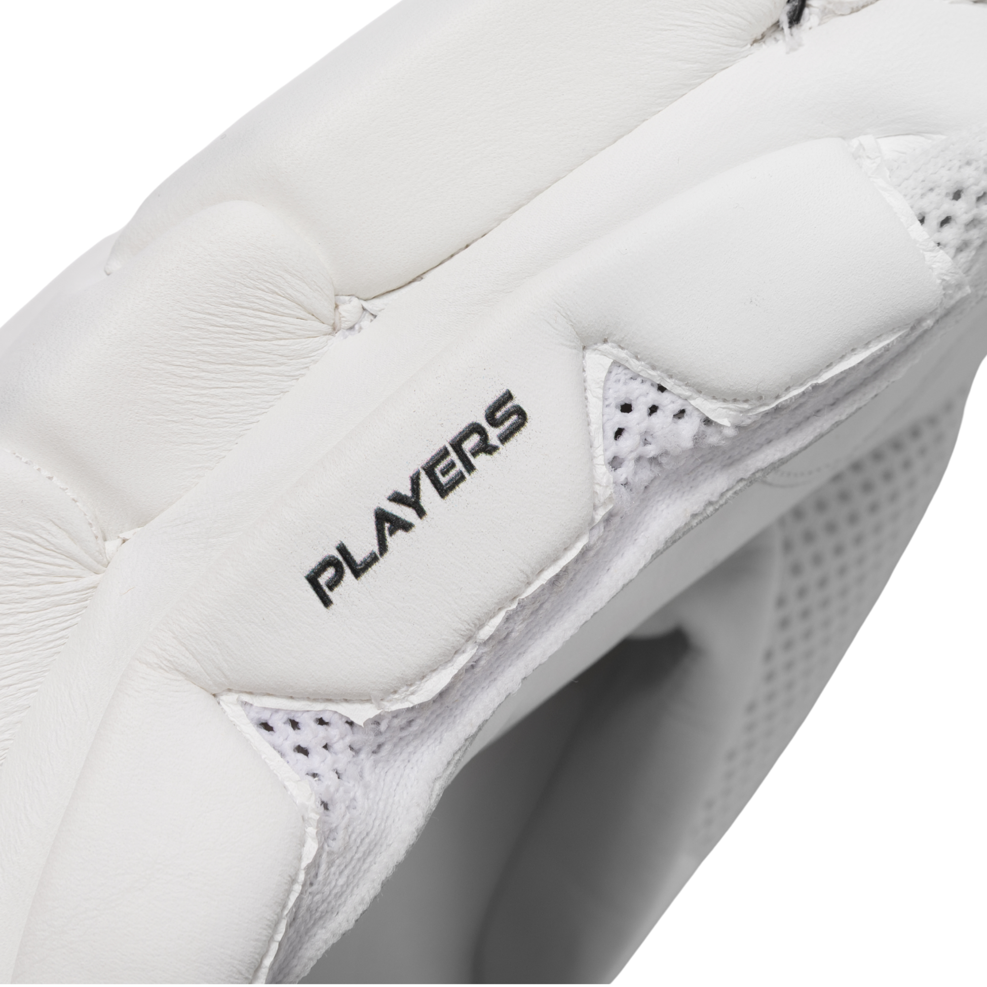 Close-up of a white hockey glove showing the padded finger section with a black 'PLAYERS' logo printed on the side, alongside mesh ventilation panels.