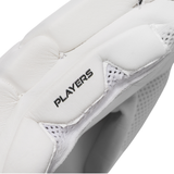 Close-up of a white hockey glove showing the padded finger section with a black 'PLAYERS' logo printed on the side, alongside mesh ventilation panels.