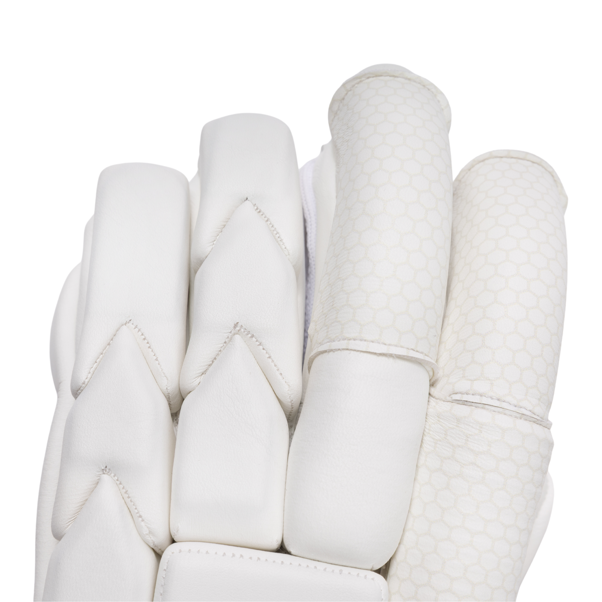 White protective sports gloves with segmented padded fingers and textured grip sections, shown against a plain white background.