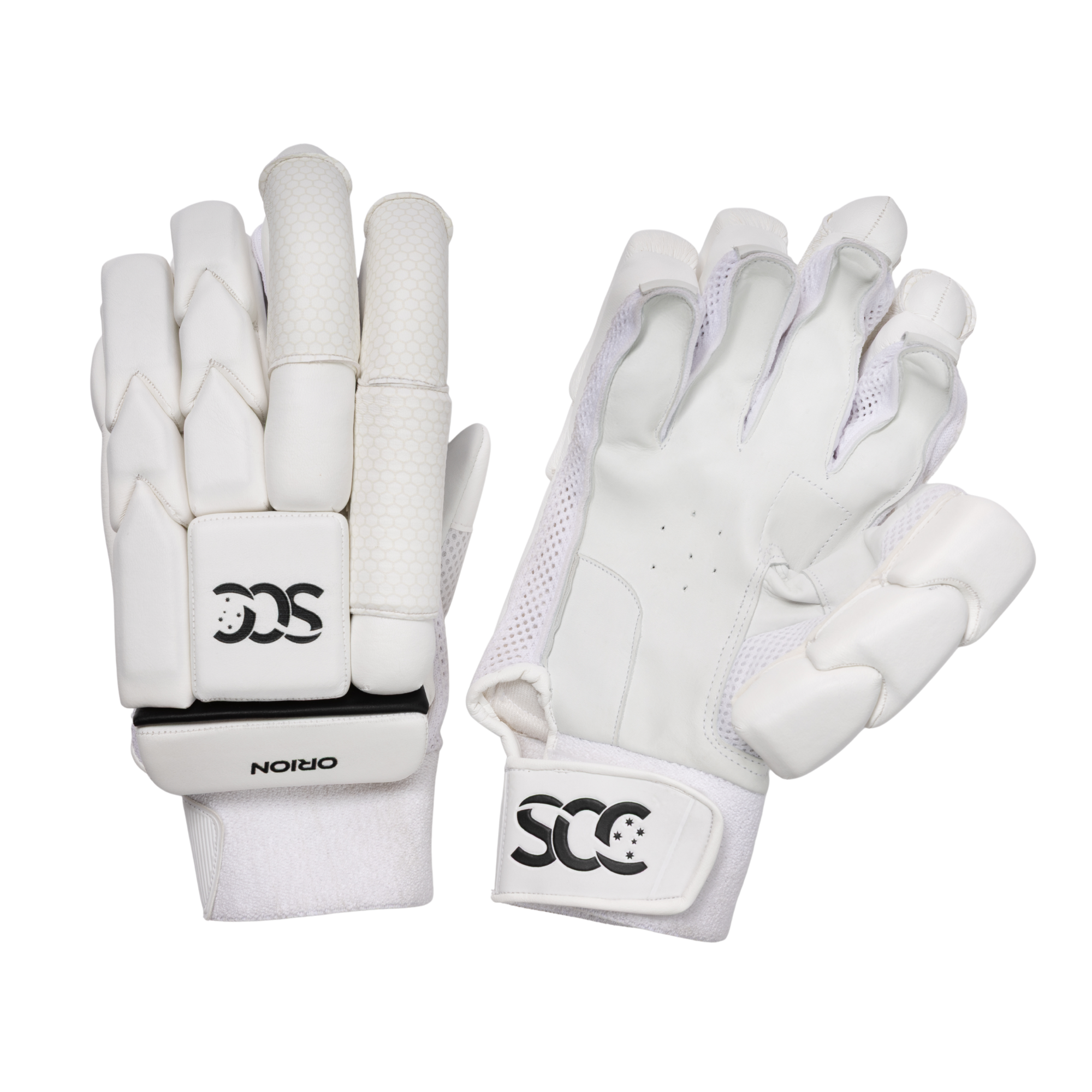 A pair of white cricket gloves shown against a plain white background, displaying both the back of the hand and the palm side. The gloves feature textured protective padding, breathable mesh, and a black and white 'SCC' logo on the wrist straps.