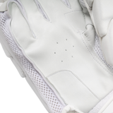 Close-up of a white leather glove with white mesh lining and stitched details, showing the inner back of the hand.