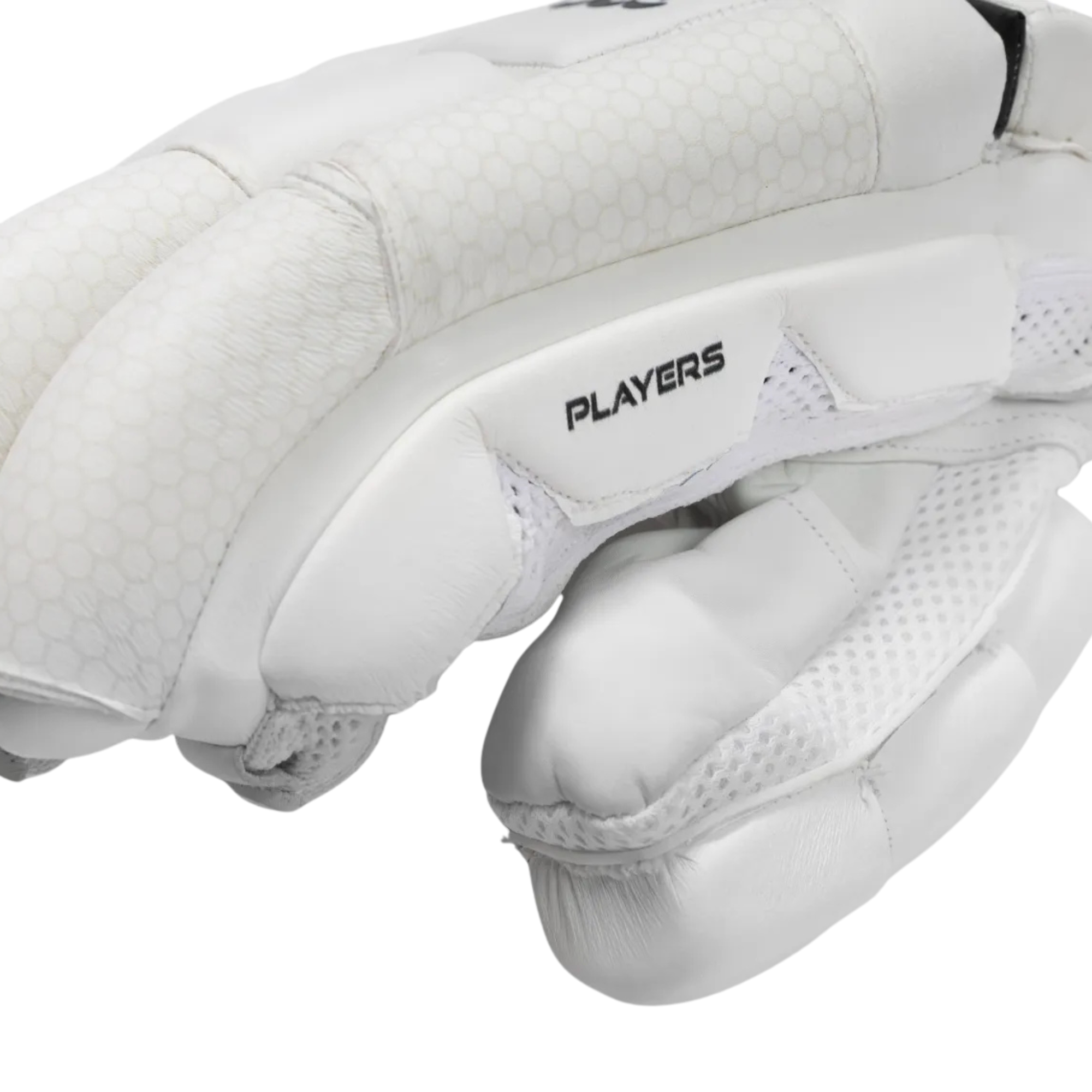 A close-up of a white hockey glove with the brand name 'PLAYERS' printed in black on the side, set against a plain white background.