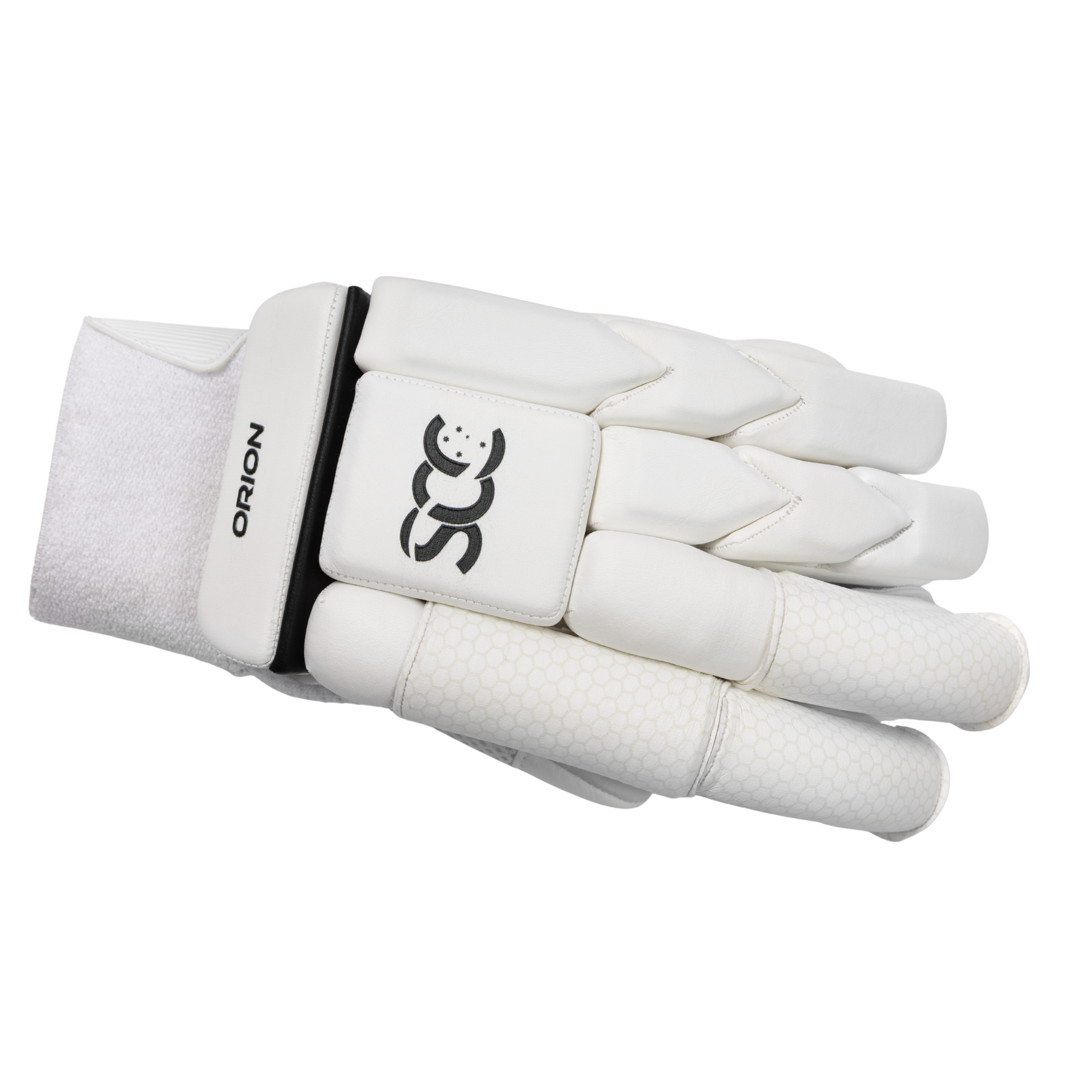 A white cricket glove with black accents, featuring the brand name 'ORION' and a stylized 'O' logo on the back, set against a plain white background.