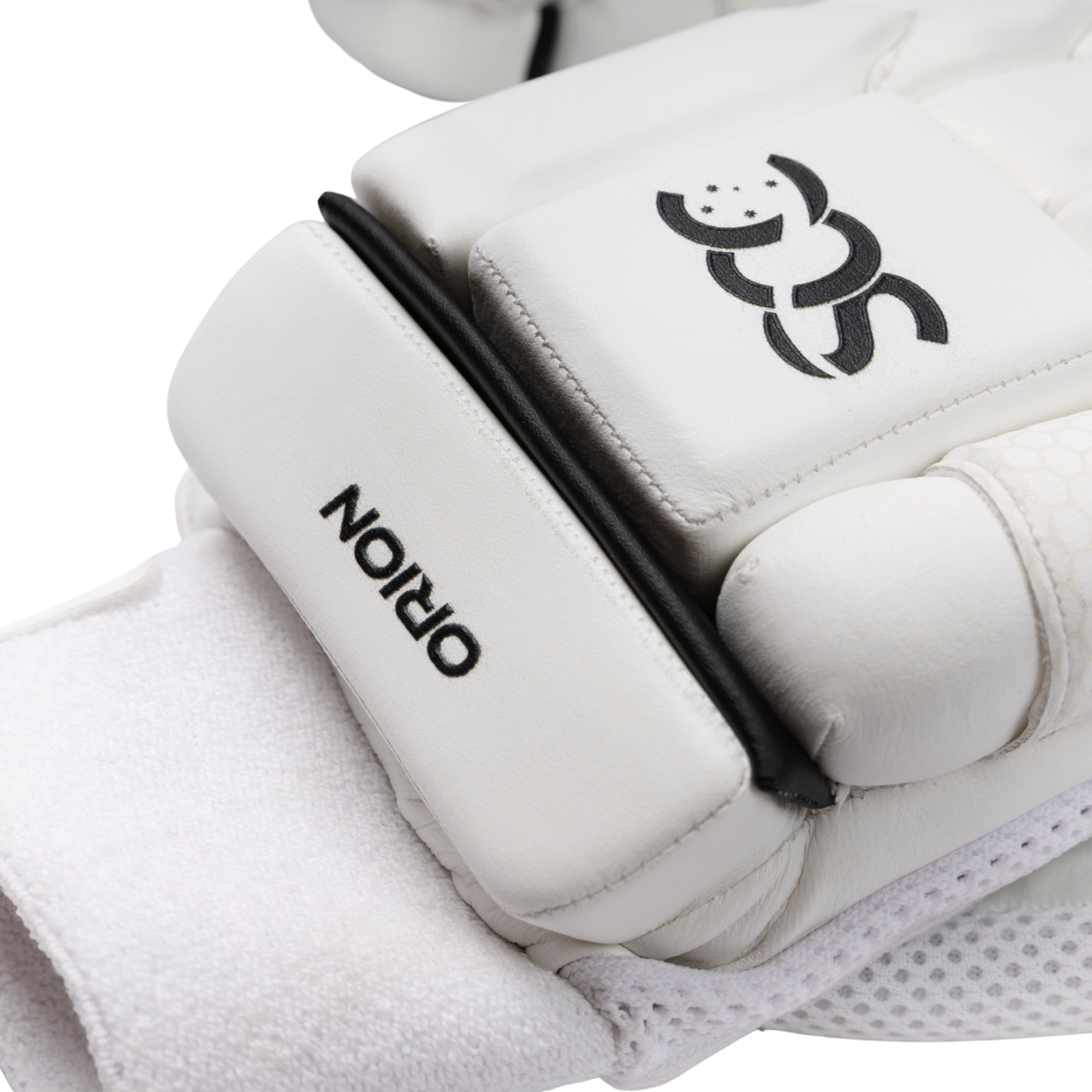 White protective sports gloves with black trim and logos, featuring the brand name ORION and a stylized logo on the back.