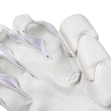 A close-up of a white leather glove with white mesh finger inserts, shown against a plain white background.