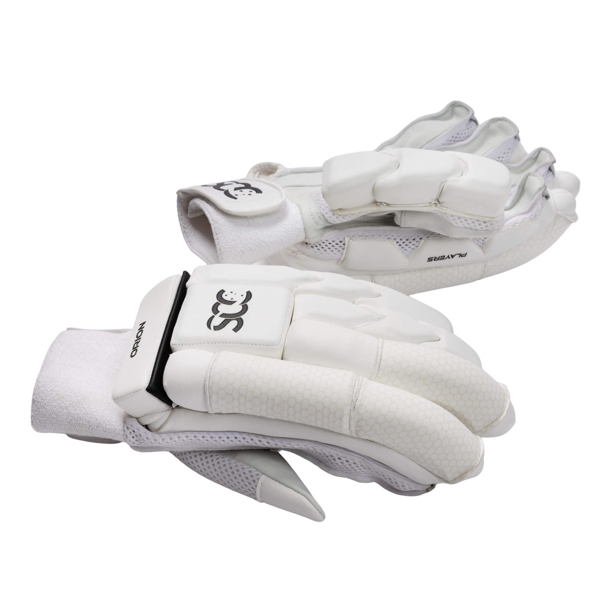 A pair of white cricket gloves with black logo details, displayed against a clean white background.