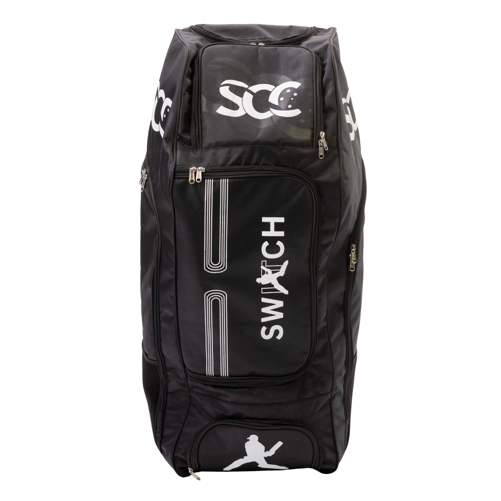 A black cricket duffel bag with white branding, including 'SCC' on the top pocket, 'SWITCH' with a cricket player silhouette on the front, and a cricket player logo on the bottom pocket, shown against a plain white background.