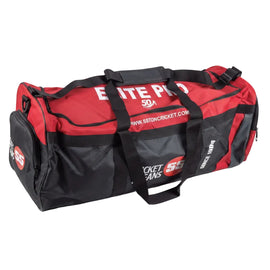A red and black Sston Cricket Elite Pro wheelie kit bag with white branding text, displayed on a white surface against a white background.