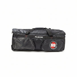 A black cricket kit bag with multiple pockets, featuring a red and white 'SS' logo on the front pocket and a white 'PLAYERS' text label on the side.